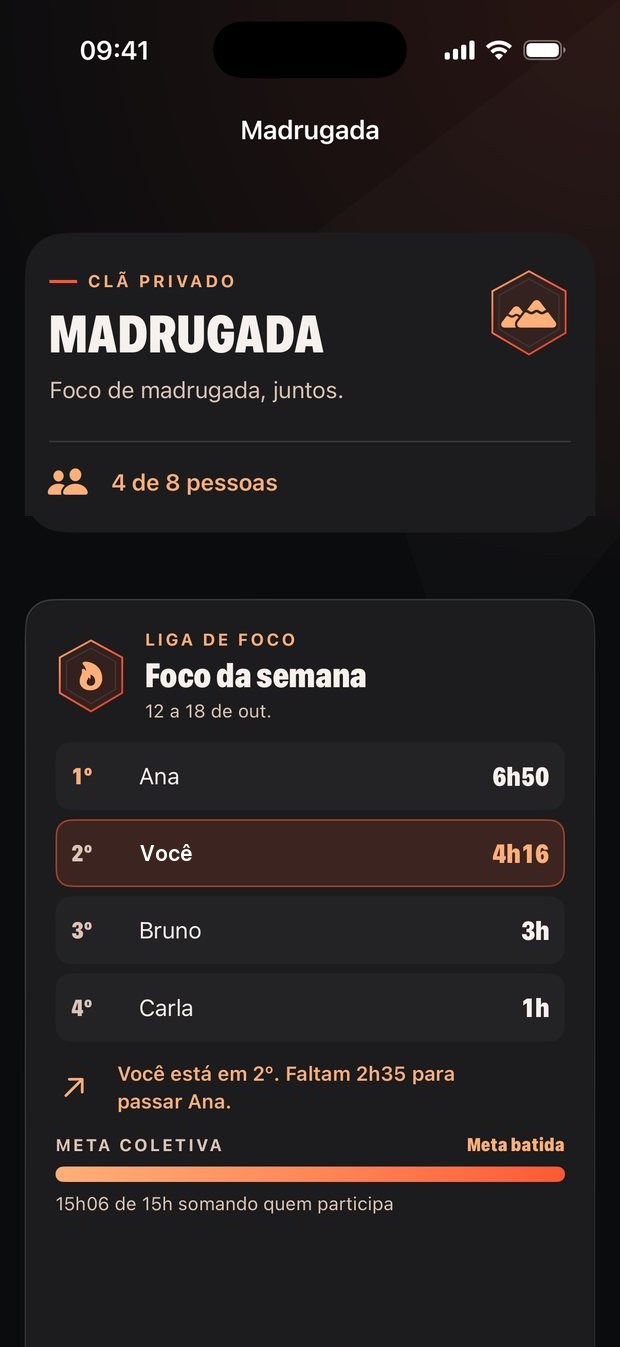 Tela do clã Madrugada no app, com a Liga de Foco da semana